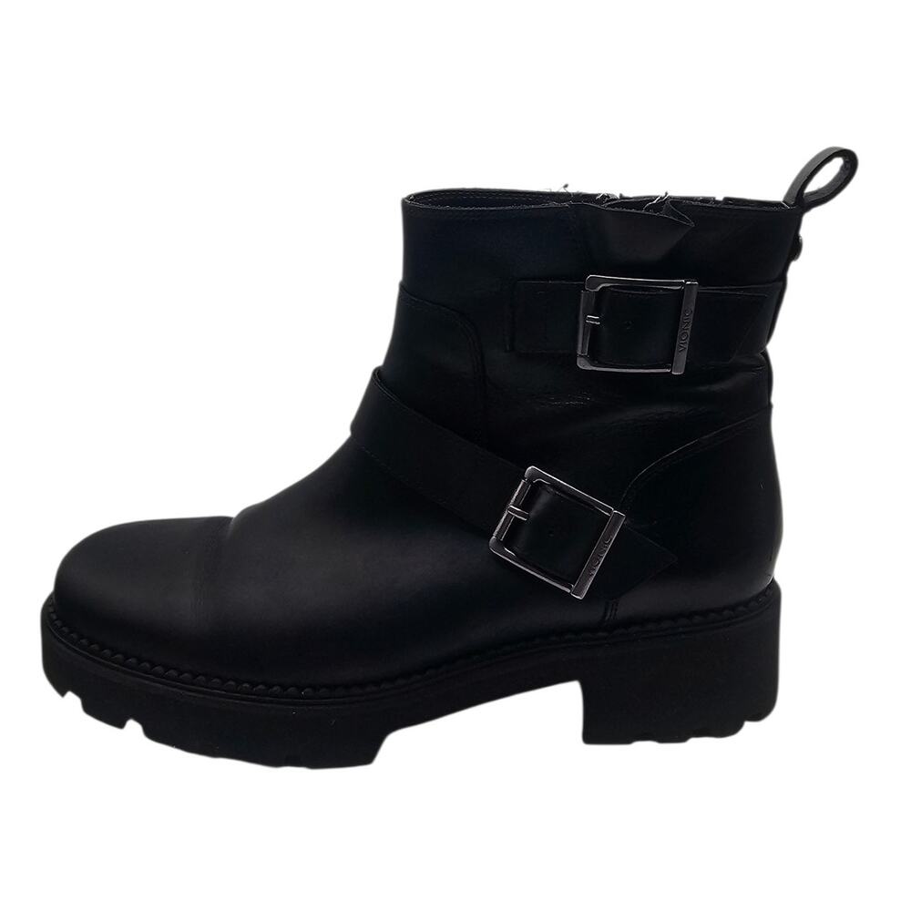 Vionic Black Folsom Chunky Ankle Water Resistant Moto Boot with Lug Soles Wide 9